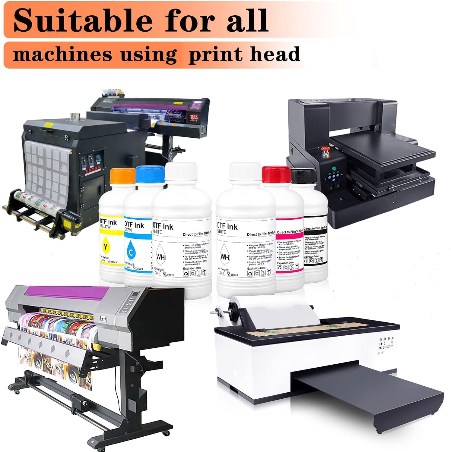 DTF Ink 250ml Combo Pack Compatible for printheads Installed DTF Printers L1800 R1390 ET-4800 8550 XP15000 I3200 4720 XP600 TX800 ET2800,(2*White+ 1set Black Cyan Magenta Yellow)