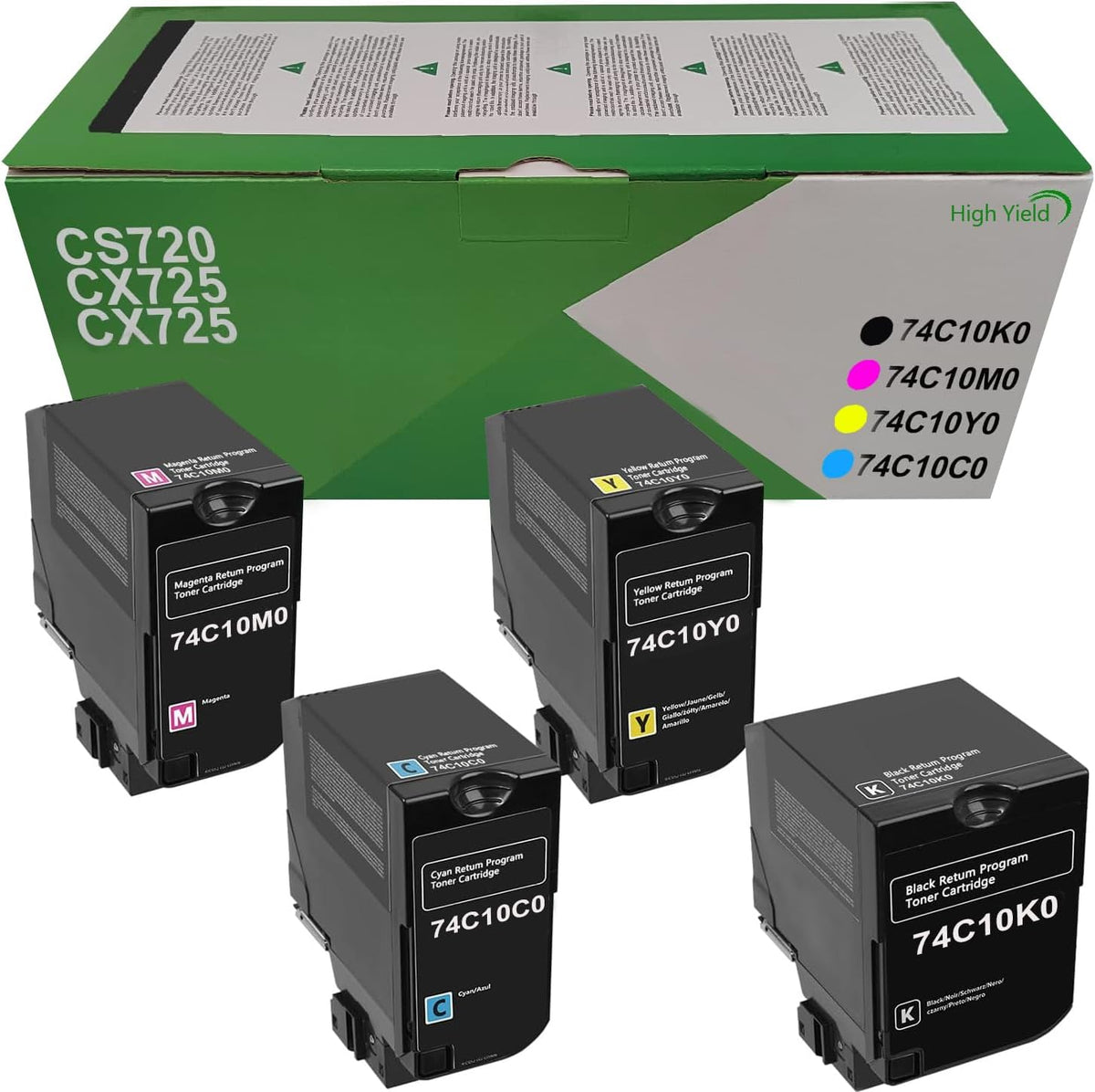 74C10K0 74C10C0 74C10M0 74C10Y0 Remanufactured CS720 CS725 CX725 Toner Cartridges Black Cyan Magenta Yellow Replacement for Lexmark CS720de CS720dte CS725de CS725dte CX725de CX725dte.