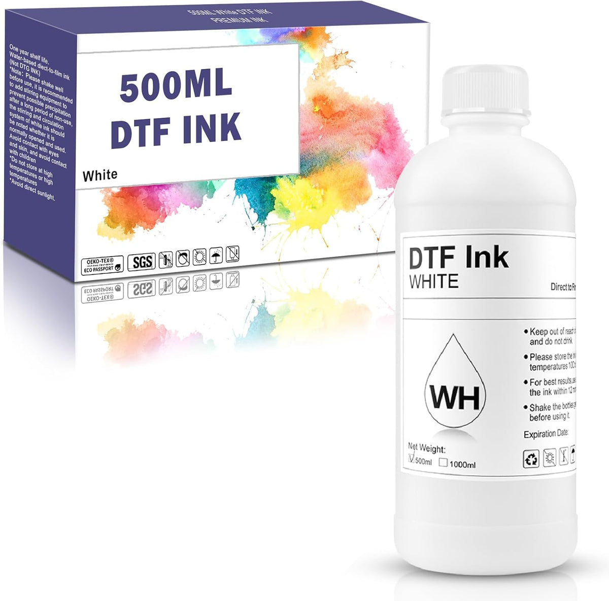 500ML White Premium DTF Ink,Refill Ink for EP- Printheads L1800 R1390 ET-8550 XP-15000 XP600 I3200 and More Heat Transfer Printing to PET Film (16.9oz)